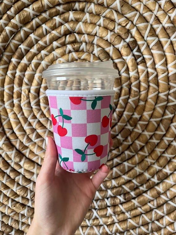 Cherries & Checkers Iced Coffee Cozie: Drink Sleeve.