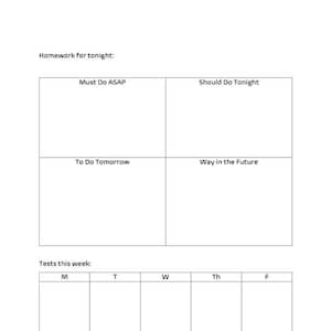 Könnte beinhalten: Ein druckbarer Planer mit Abschnitten für Hausaufgaben, Tests und Stresslevel. Der Planer ist in Abschnitte für "Muss sofort erledigt werden", "Sollte heute Abend erledigt werden", "Muss morgen erledigt werden" und "In der Zukunft" unterteilt. Der Planer enthält auch einen Abschnitt für "Tests diese Woche" mit Spalten für jeden Tag der Woche. Der Planer fragt "Wie hoch ist dein Stresslevel auf einer Skala von 1 bis 10?"