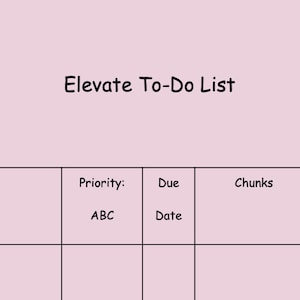 Op de afbeelding: Een zwart-witte to-dolijst sjabloon met de titel "Elevate To-Do List". Het sjabloon heeft kolommen voor prioriteit, vervaldatum, blokken en tijdsschatting. De kolom voor tijdsschatting heeft een notitie die zegt "0= 15 min".
