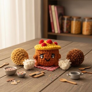 May include: A crocheted plush set featuring a central brown character with a yellow top and red accents, flanked by two round brown crocheted food items with white textured ends, arranged with miniature bowls, spoons, and a cutting board.