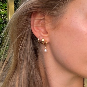 18k Gold Pearl Huggies, Handmade Earrings