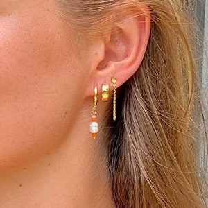 18k Gold Pearl Beaded Huggies, Handmade Earrings