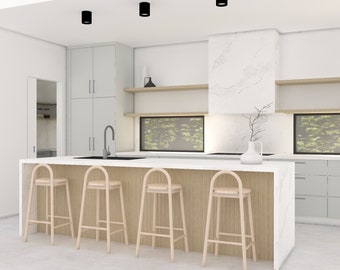 May include: A modern kitchen with white cabinets, a marble backsplash, and a large island with four wooden bar stools. The island has a white countertop and a wooden base. There are two windows with a view of trees outside.