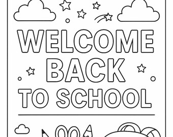Pode incluir: Ilustração a preto e branco com o texto "BEM-VINDO DE VOLTA À ESCOLA". A imagem inclui material escolar como uma mochila, lápis, tesouras, uma maçã, uma régua, um lápis de cor e um livro.
