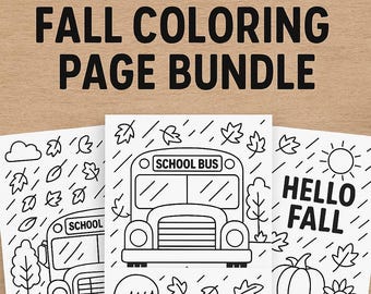 Paquete de páginas para colorear de otoño: Autobús escolar de otoño, Huerto de calabazas (Descarga en PDF)