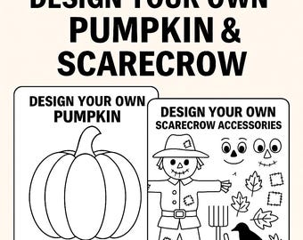 Dibujos para colorear de calabazas y espantapájaros: Manualidades de otoño (Descarga digital)