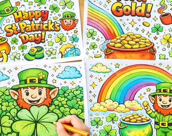 Paquete de páginas para colorear del Día de San Patricio / Duende y olla de oro imprimibles / Hojas para colorear de trébol arcoíris / Actividad navideña para niños en PDF