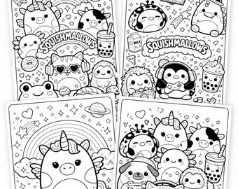 Dibujos para colorear de Squishmallows / Diseños de peluches kawaii (4 páginas) (Descarga digital)