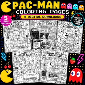 Op de afbeelding: Een set van vijf digitale Pac-Man kleurplaten met zwart-wit lijntekeningen. De pagina's bevatten een doolhofavontuur, een arcadescène, een personagefeest, een alfabetisch spelraster en een highscore-uitdaging met diverse spelafbeeldingen.