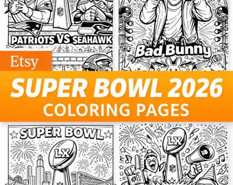 Páginas para colorear del Super Bowl 2026 / Espectáculo de medio tiempo, fiesta de fútbol (descarga instantánea)