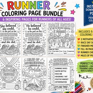 Op de afbeelding: Een kleurplaatbundel met hardloopt thema met zes unieke pagina's. Bevat motiverende citaten, een racedagscène, een finishermedaille en een hardloperschecklist. Met de tekst "Runner Coloring Page Bundle".
