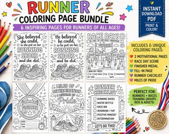 Paquete de páginas para colorear de corredores para niños y adultos, imprimibles para el día de la carrera (5K, 10K, maratón), hojas de actividades para corredores, medalla de finalista en PDF.