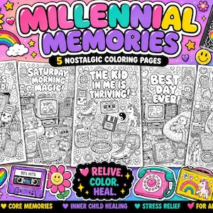 以下が含まれることがあります： 「Millennial Memories」と題された5枚の塗り絵のデジタルコレクション。携帯ゲーム機、カセットテープ、ラバランプ、ローラースケートなど、90年代のアイテムの白黒線画が描かれており、周囲をカラフルなグラフィック要素が囲んでいます。