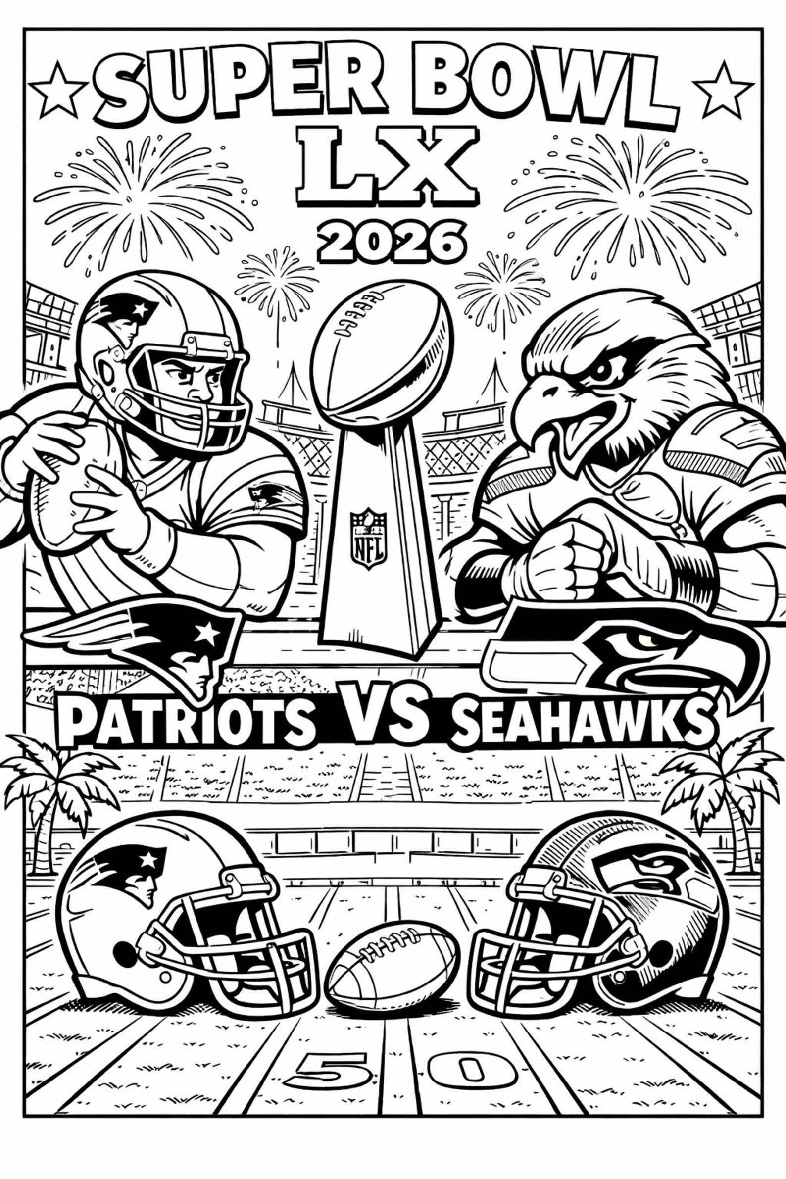 Super Bowl 2026 Coloring Pages | Halftime Show, Football Party (instant ...