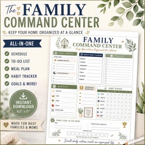 Può includere: Una pagina di pianificazione Family Command Center stampabile con sezioni per programma settimanale, lista delle cose da fare, piano dei pasti, tracker delle abitudini e obiettivi. Il documento include il testo "The Family Command Center" e misura 21,59 cm x 27,94 cm.