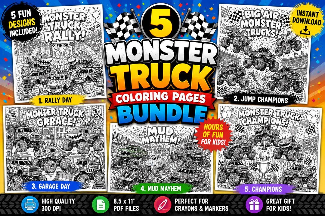 Monster Truck Coloring Pages for Kids Bundle | Monster Truck Printable ...