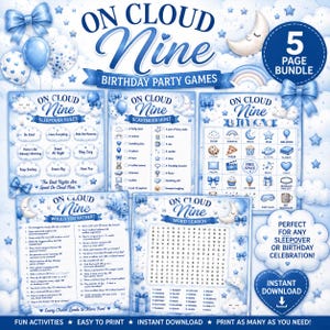 以下が含まれることがあります： On Cloud Nineというタイトルの5ページのデジタル誕生日パーティーゲームセット。青と白の雲、月、星のグラフィックが特徴です。セットには、お泊まり会のルール、スカベンジャーハント、ビンゴ、究極の選択ゲーム、ワードサーチが含まれています。
