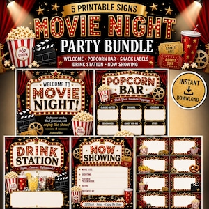 May include: A digital movie night party bundle featuring five printable signs with a vintage cinema theme. The graphics include red curtains, marquee lights, popcorn buckets, film reels, and movie tickets on a black background with gold text.