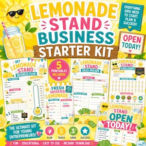 Puede incluir: Un kit de inicio de negocio de puesto de limonada con hojas imprimibles coloridas, incluyendo plan de negocios, rastreador de ventas, desafío, menú y letrero. El diseño incluye limones amarillos, un sol y el texto Lemonade Stand Business Starter Kit.