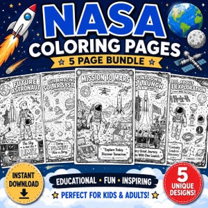 May include: A digital bundle of five NASA coloring pages featuring space-themed illustrations. The designs include astronauts, rockets, the solar system, and space exploration scenes with text such as Mission to Mars and Future Astronaut.