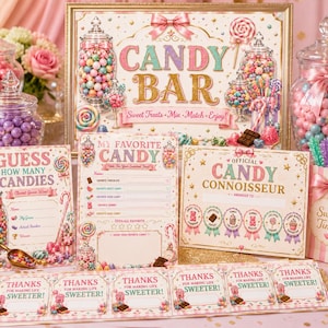 May include: A candy bar party set featuring a large sign with the text CANDY BAR, a Guess How Many Candies game card, a My Favorite Candy voting sheet, an Official Candy Connoisseur award certificate, and six Thanks For Making Life Sweeter tags.