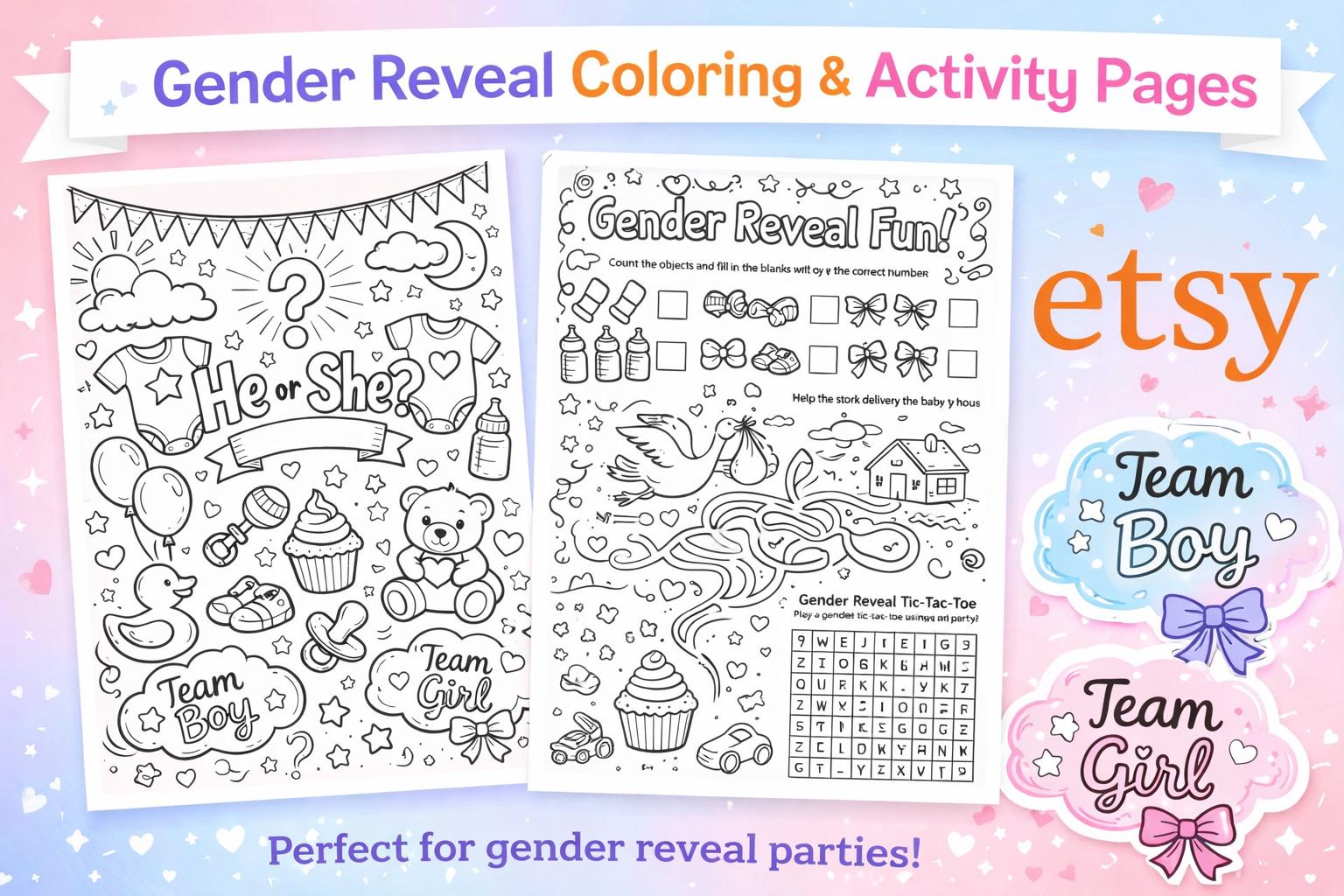 Gender Reveal Coloring Pages | Team Boy, Team Girl (instant Download ...
