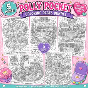 Può includere: Un pacchetto digitale di cinque pagine da colorare Polly Pocket con intricati disegni a linee bianche e nere di mondi in miniatura, tra cui una casa dei sogni, un resort estivo, un mercato cittadino, un giardino fatato e un mondo retrò.