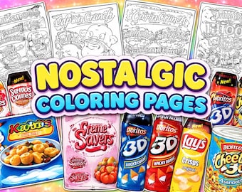 Dibujos para colorear de aperitivos nostálgicos de los 90 / Comida chatarra retro (patrón PDF)