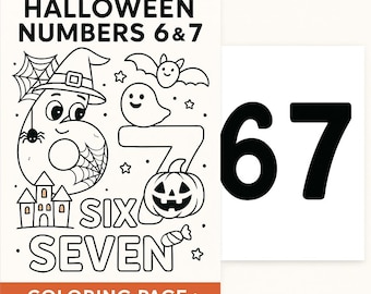 Página para colorear de Halloween con los números 6 y 7 y plantilla de calabaza (descarga digital)