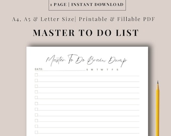 Master To Do List, Brain Dump Printable (A4, A5, Letter PDF)