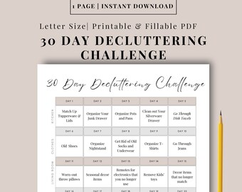 30 Day Decluttering Challenge Checklist, Printable Letter PDF