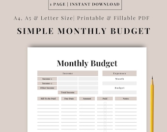 Simple Monthly Budget Template Printable | Budgeting | Budget Tracker | Budget Sheet | Budget Planner | 2 Colors! | A4, A5, & US Letter