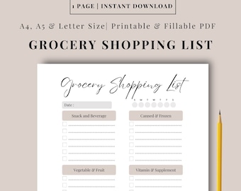Printable Grocery Shopping List Template, A4 A5 Letter Sizes (PDF)