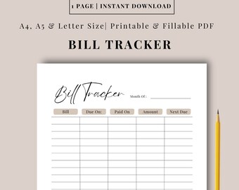 Monthly Bill Payment Tracker, Printable Finance Planner (PDF)