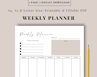 Weekly Productivity Planner, A4 A5 Letter Size (PDF)