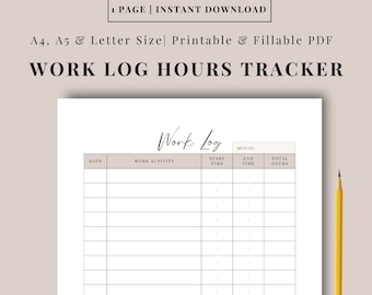 Daily Work Log Hours Tracker Printable, Work Log Template, Time Log, Time Tracker, Working Hours Log, Time Spent, 3 colors, A4 A5 Letter PDF