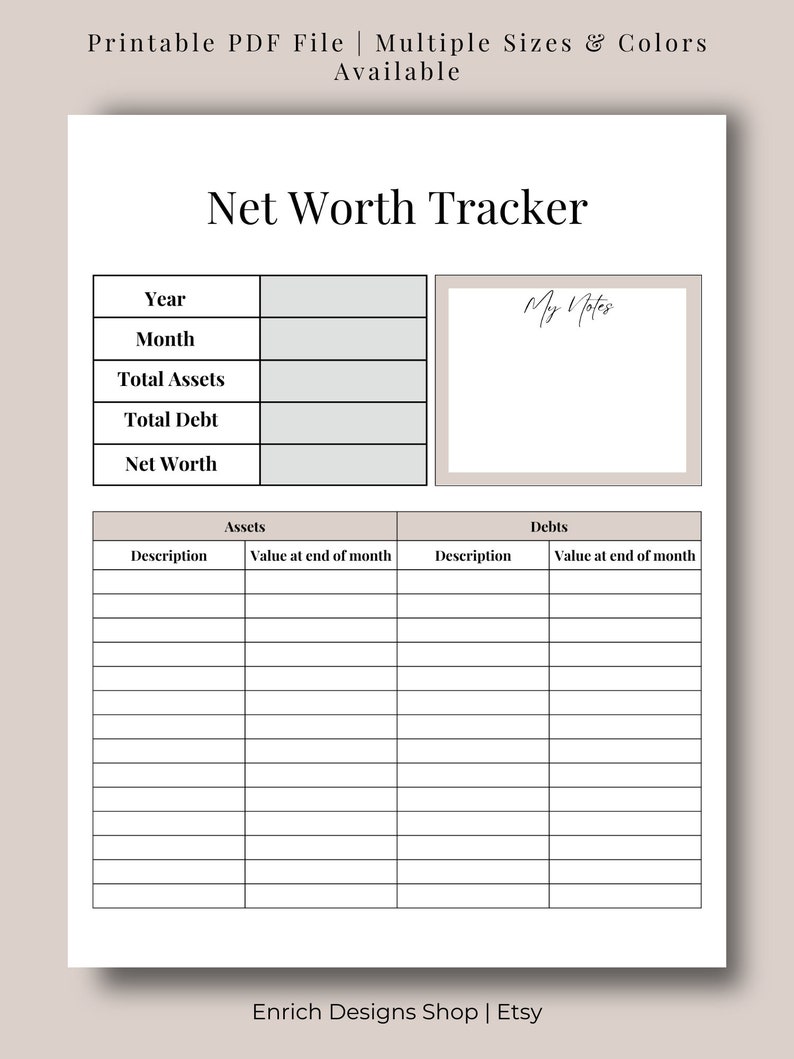 Net Worth Tracker Debt Tracker Financial Freedom Net Worth Statement Personal Finance 3 color options, A4, A5 & Letter image 2