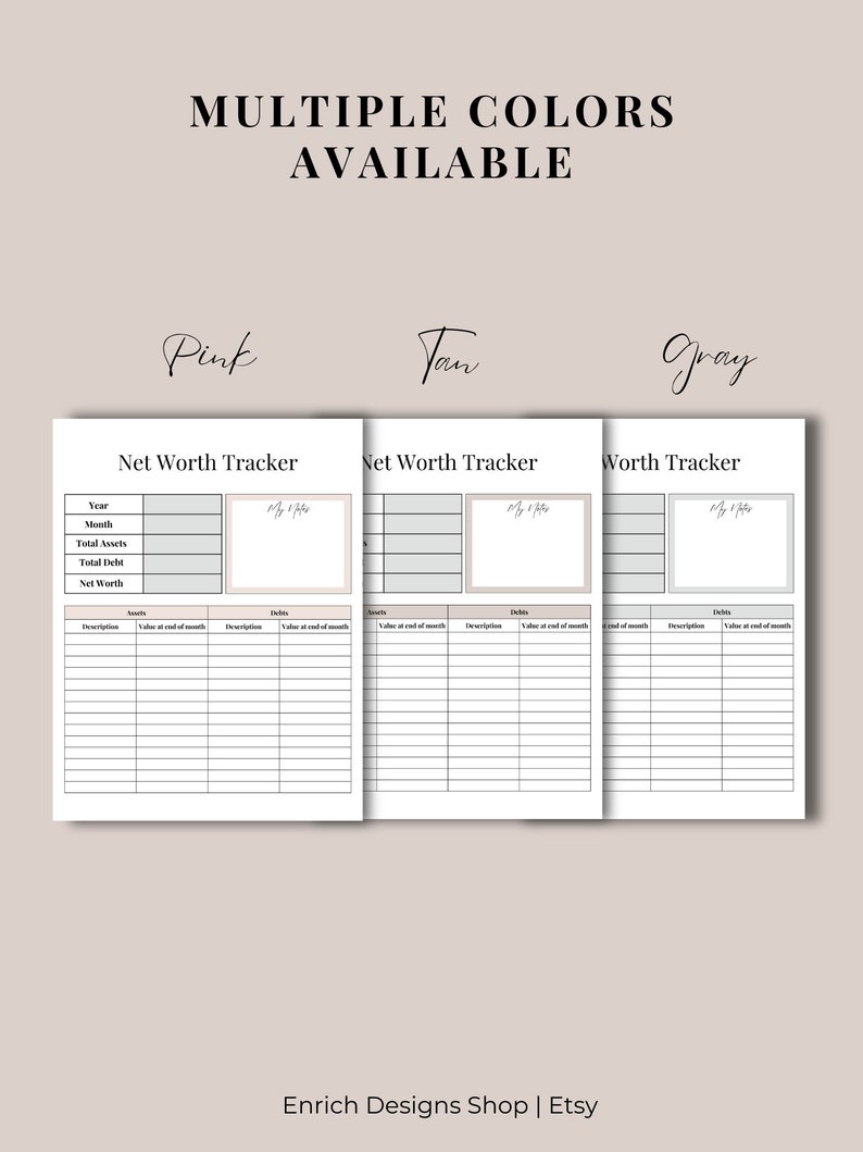 Net Worth Tracker Debt Tracker Financial Freedom Net Worth Statement Personal Finance 3 color options, A4, A5 & Letter image 3