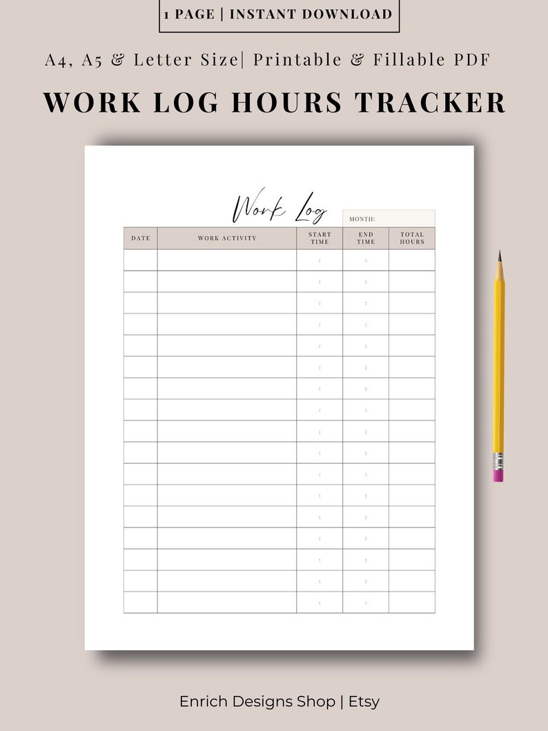 Daily Work Log Hours Tracker Printable, Work Log Template, Time Log