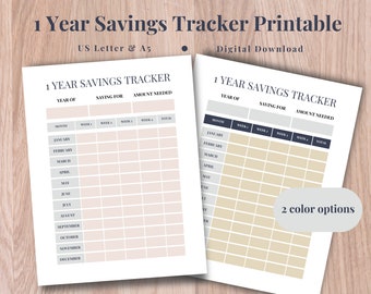 1 Year Savings Tracker Printable | Monthly Savings | Saving Money | Savings Challenge | Emergency Fund | 2 Colors! | US Letter & A5