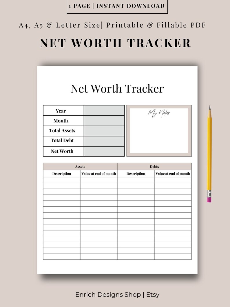 Net Worth Tracker Debt Tracker Financial Freedom Net Worth Statement Personal Finance 3 color options, A4, A5 & Letter image 1