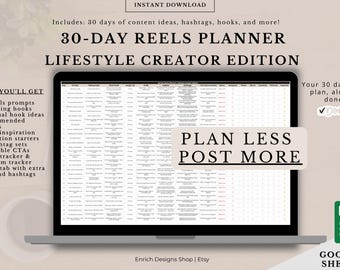30-Day Reels Planner for Lifestyle Creators | Content Calendar (Google Sheets)