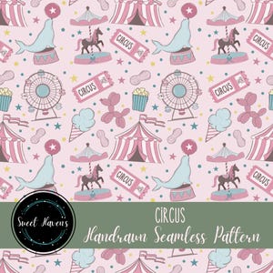 Puede incluir: Patrón sin costuras dibujado a mano con temática de circo sobre un fondo rosa. El diseño incluye carpas de circo, focas, carruseles, norias, palomitas de maíz y entradas. Se muestra el texto "CIRCUS Handdrawn Seamless Pattern".