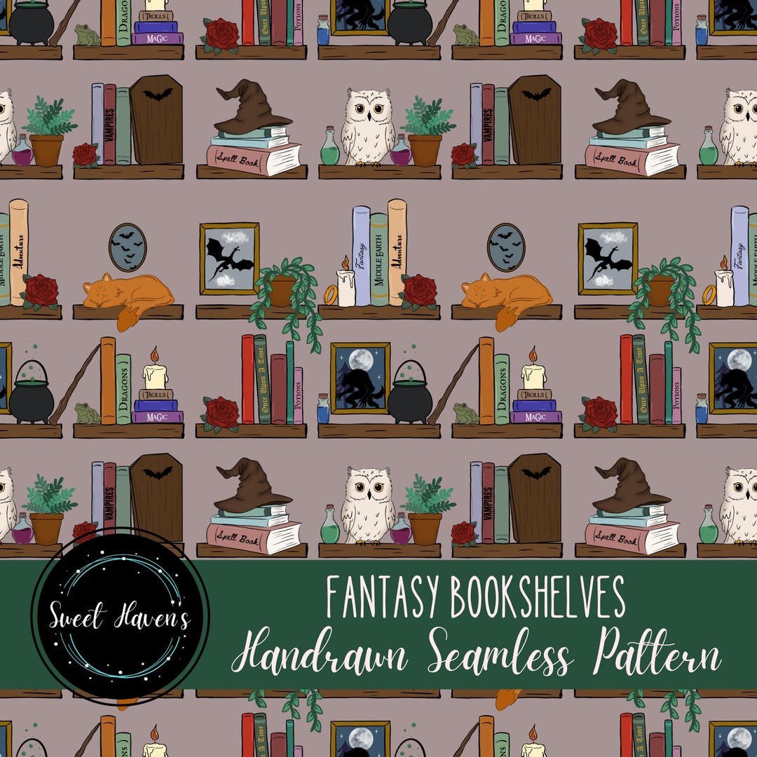 Fantasy Bookshelves Seamless Pattern PNG Book Lovers (digital Download ...