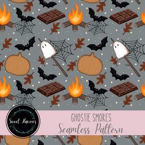 May include: A seamless pattern featuring Halloween-themed illustrations. The design includes campfires, bats, spiderwebs, pumpkins, chocolate bars, and ghost-shaped marshmallows on sticks. The background is a muted gray with small white stars.