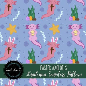 Puede incluir: Patrón sin costuras con ajolotes rosas, cruces, huevos de Pascua, estrellas de mar, burbujas y vegetación sobre un fondo azul claro. El texto dice "Easter Axolotls Handrawn Seamless Pattern."