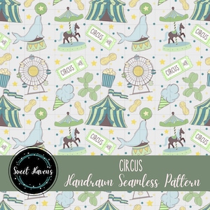 Puede incluir: Un patrón sin costuras dibujado a mano con temática de circo. El diseño presenta un patrón repetitivo de carpas de circo, focas que equilibran pelotas, norias, caballos de carrusel, palomitas de maíz, boletos y animales de globo en tonos azules, verdes y marrones.