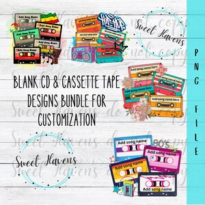 Op de afbeelding: Een digitale ontwerpbundel voor het aanpassen van lege cd's en cassettebandjes. De ontwerpen bevatten een verscheidenheid aan thema's, waaronder hiphop, jaren 80 en bloemen. De ontwerpen zijn perfect voor het maken van gepersonaliseerde geschenken of voor gebruik in je eigen knutselprojecten.