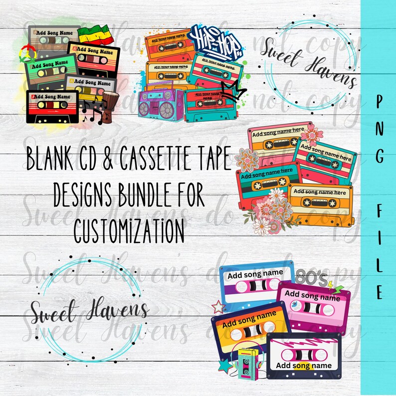 Op de afbeelding: Een digitale ontwerpbundel voor het aanpassen van lege cd's en cassettebandjes. De ontwerpen bevatten een verscheidenheid aan thema's, waaronder hiphop, jaren 80 en bloemen. De ontwerpen zijn perfect voor het maken van gepersonaliseerde geschenken of voor gebruik in je eigen knutselprojecten.