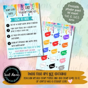 May include: A printable DIY plaster paint kit insert featuring instructions and a color mixing chart. The light blue cards display colorful paint drip graphics, text including 'DIY Plaster Paint Kit', 'How to Use', and 'Color Mixing Chart', with dimensions of 4x6 and 3x6.5 inches.